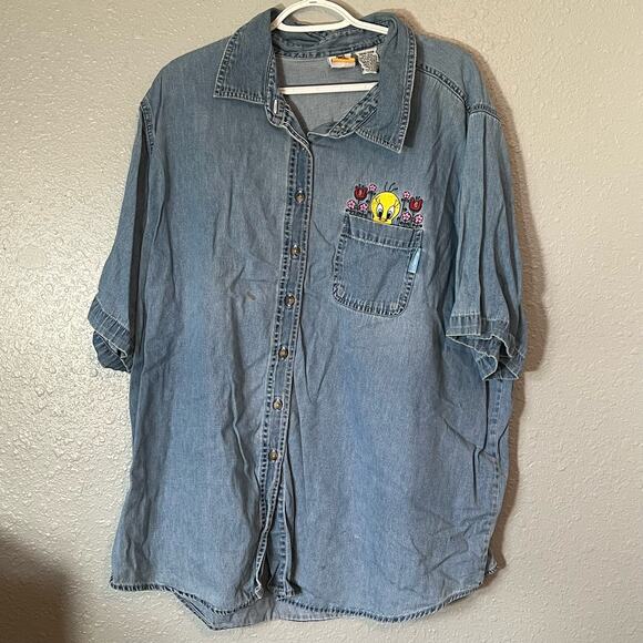 Tweety Bird 26/28 Womens Button Up Blue Denim Looney Tunes Floral Collared - Picture 9 of 9